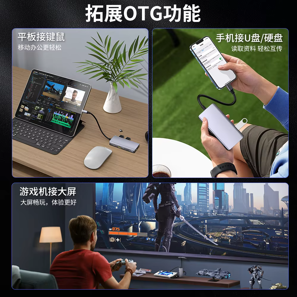 USB3.1 CM to 8 in 1 Hubs Ethernet 4K HD SD TF Card Reader PD 100W USB Port USB C Braid Docking Station 8 in 1 Hubs Stock Product