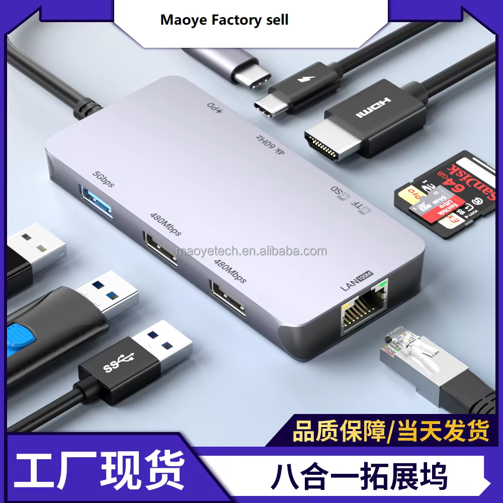 Quick Ship 8-in-1 Type C Hub Ethernet 4K HD SD TF Card Reader with PD 100W USB Port in Stock USB C Braided Docking Station