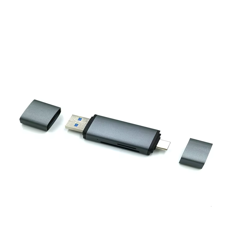 USB3.0 Male + Type-C3.0 Male Dual Port High-Speed USB3.0 OSD+TF5GBPS Desktop Hub with Dual Card Reader