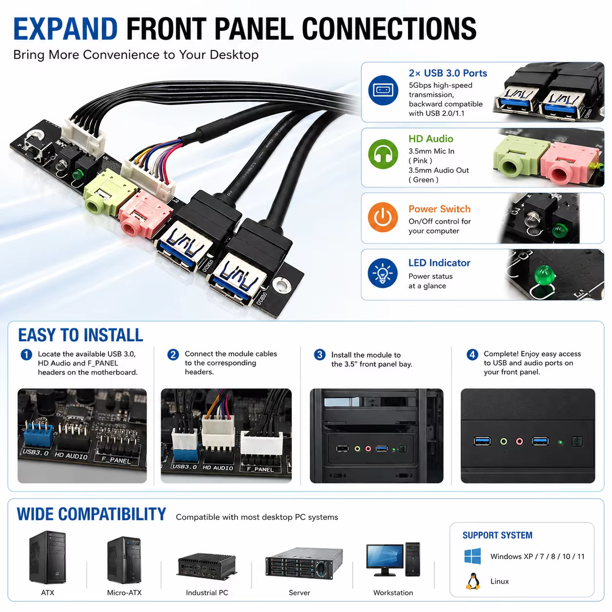 Front Panel I/O Board 2 Port USB 3.0 HD Audio Power Switch Extension Cable for ATX Micro ATX Industrial PC Server NAS DIY Case