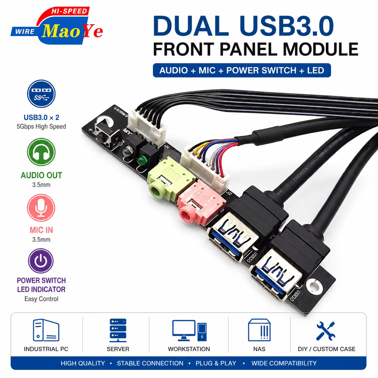 Front Panel I/O Board 2 Port USB 3.0 HD Audio Power Switch Extension Cable for ATX Micro ATX Industrial PC Server NAS DIY Case