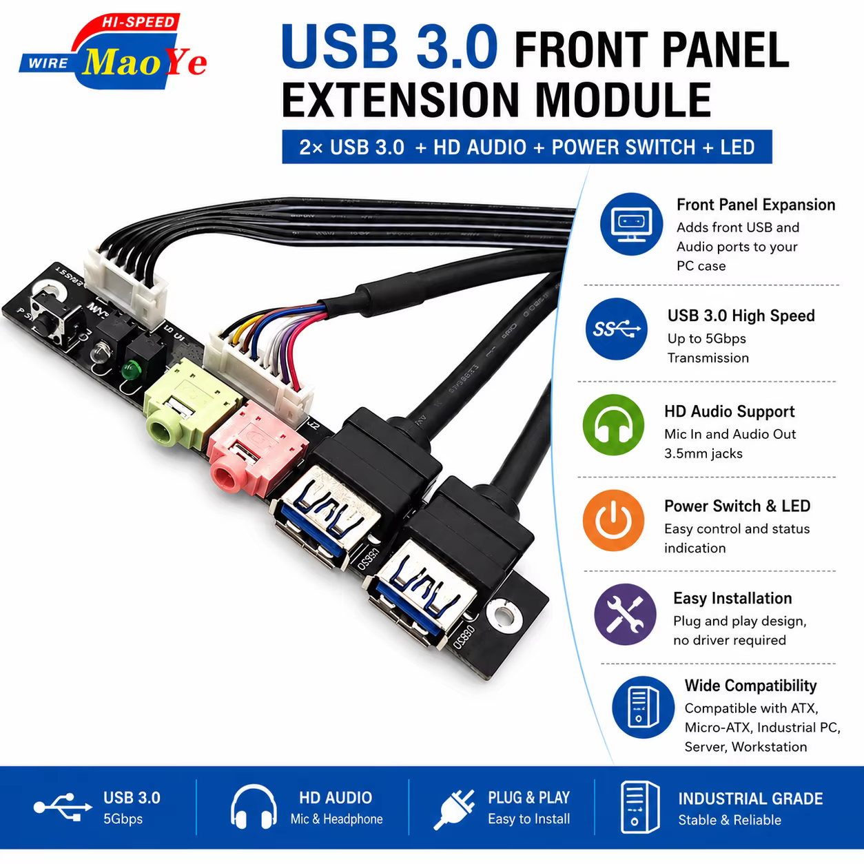 USB 3.0 Front Panel Expansion Module with HD Audio Power Switch for Desktop PC ATX Micro ATX Computer Case
