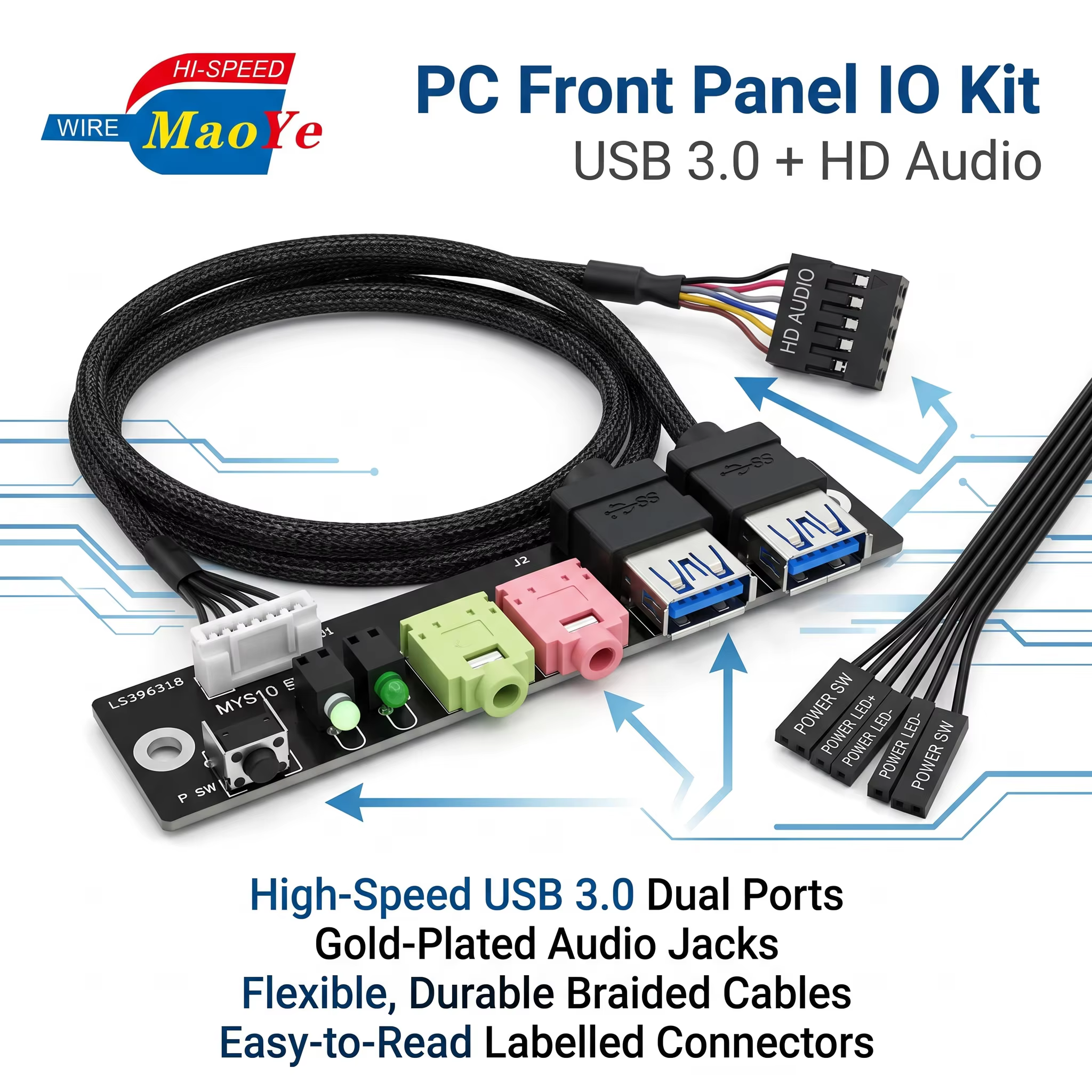 Dual USB 3.0 PVC Front Panel Expansion Module HD Audio Mic Headphone Power Switch for Desktop PC Server Workstation
