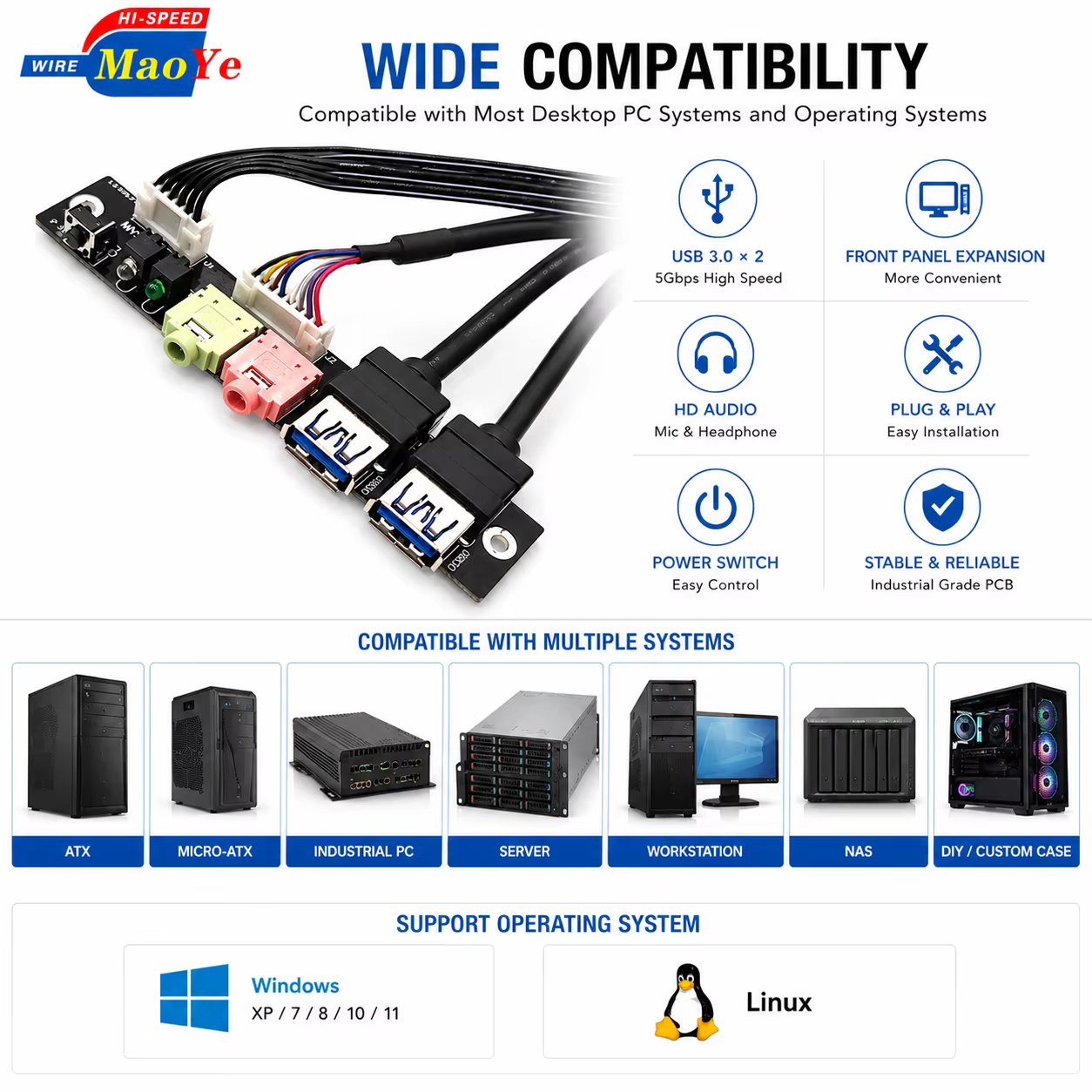 Dual USB 3.0 PVC Front Panel Expansion Module HD Audio Mic Headphone Power Switch for Desktop PC Server Workstation