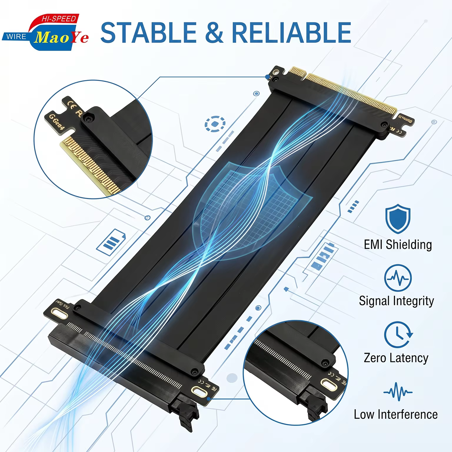 Factory PCIe 4.0 X16 Riser Extension Cable 64GB/s 16GT/s Full Speed RTX 5090 5080 RX 7900 XT Backward Compatible PCIe Computer