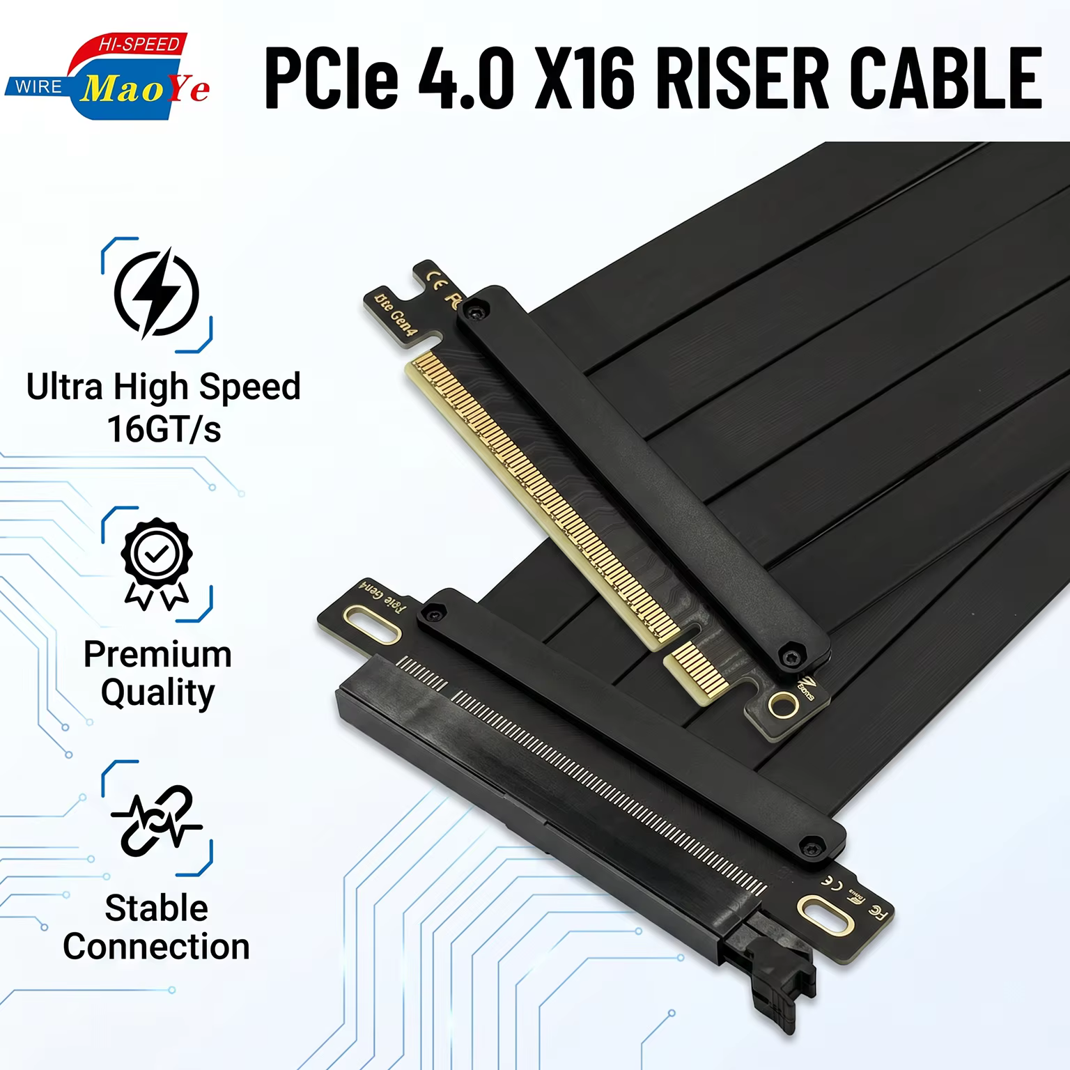PCIe 4.0 X16 Riser Cable 64GB/s 16GT/s Gen4 Full Speed for RTX 5090 5080 5070 RX 9070 XT Backward Compatible PCIe 3.0