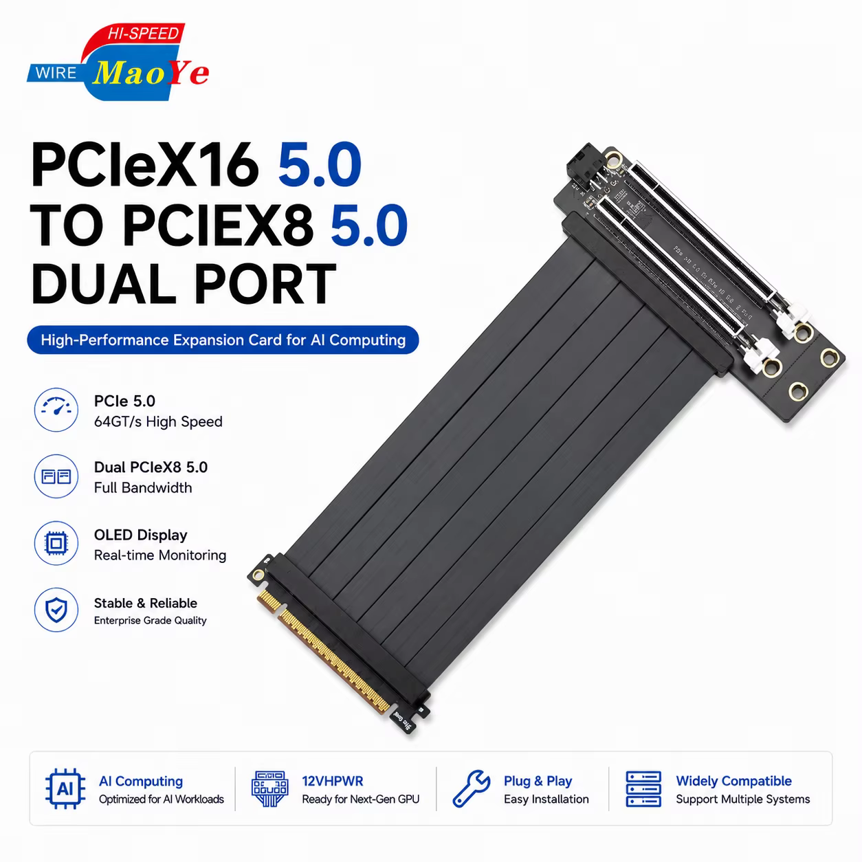 PCIe Gen5 X16 2 Port X8 Expansion Card No Performance Loss GPU Riser for AI Computing Workstation Server Stock Anti Interference