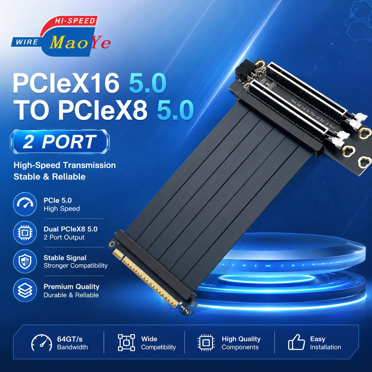 PCIe X16 5.0 to X8 5.0 Dual Port Riser Card Full Bandwidth PCIe Gen5 Expansion for AI Computing GPU Server in Stock