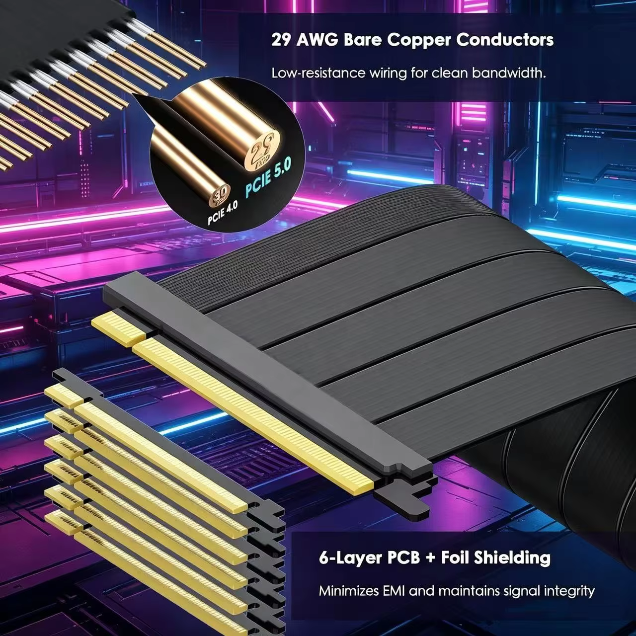 PCIe 5.0 X16 Riser Cable 128GB/s 32GT/s Gen5 Full Speed for RTX 5090 Ti 5080 RX 9070 XT Backward Compatible PCIe 4.0