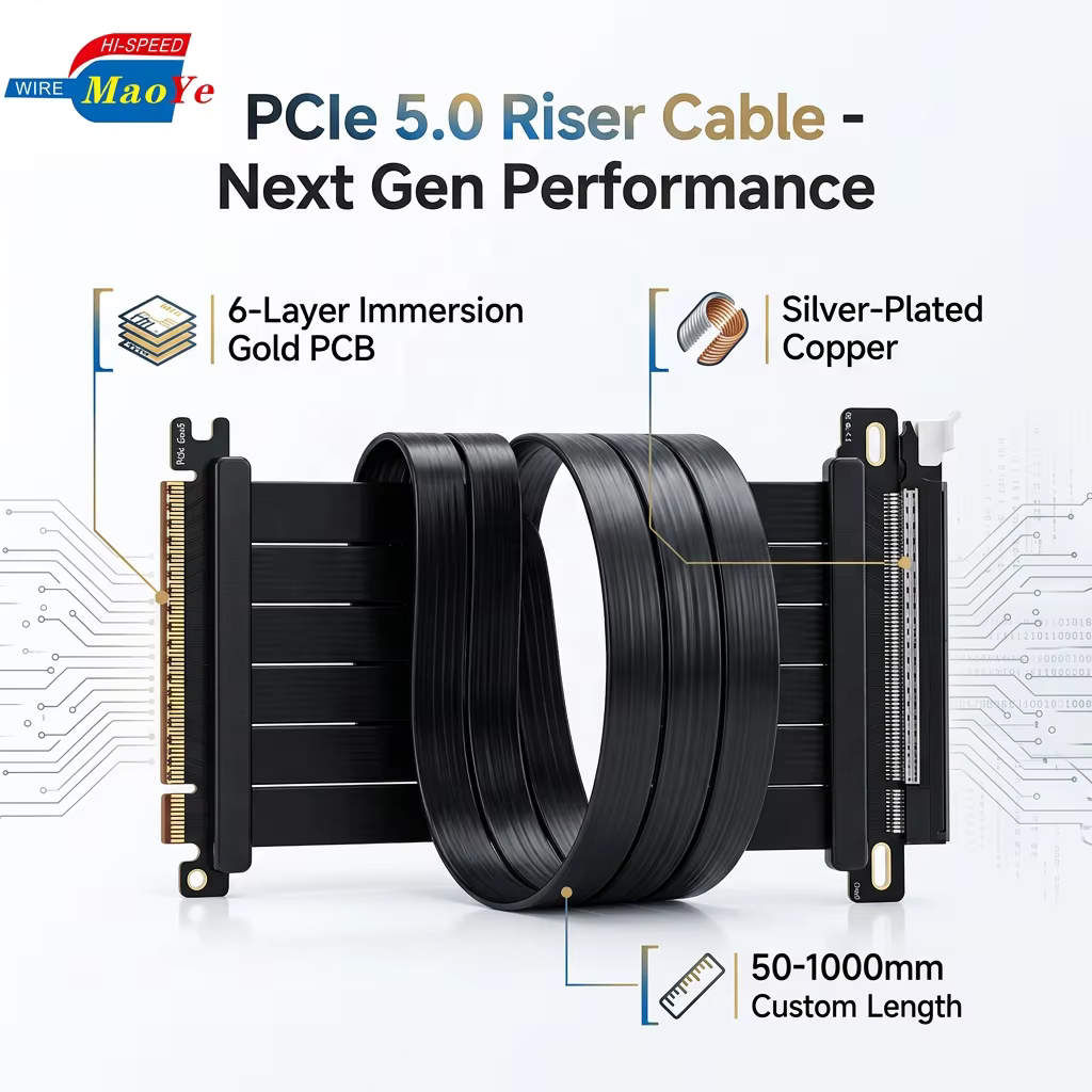 PCIe 5.0 X16 Riser Cable 128GB/s 32GT/s Gen5 Full Speed for RTX 5090 Ti 5080 RX 9070 XT Backward Compatible PCIe 4.0