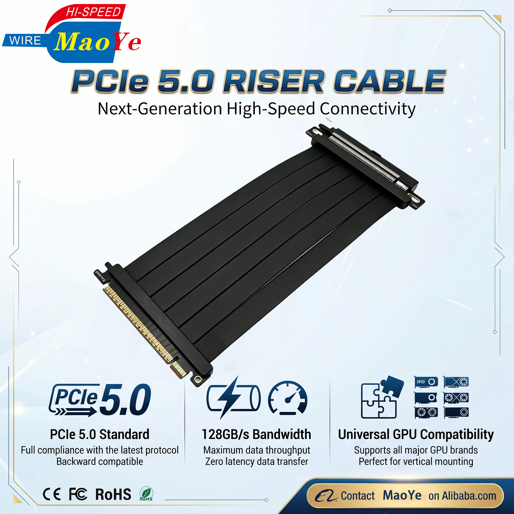 PCIe 5.0 Riser Cable Anti Interference Vertical GPU Mount Left Angle Stackable Single Layer Compatible PCIe 4.0/3.0 Computer
