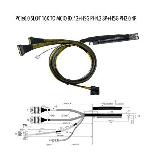 PCIE 6.0 CEM Riser Cable PCIe6.0 SLOT 16X to MCIO 8X *2+HSG PH4.2 8P+HSG PH2.0 4P Cable