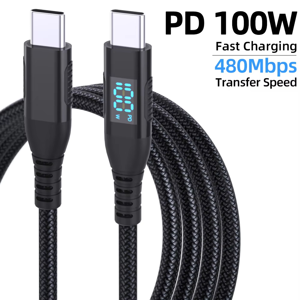 USB C Digital Display Super Fast Charge 60W 100W Quick Charger Cable for Notebook for Apple for Huawei Nylon Braid Shielding Com