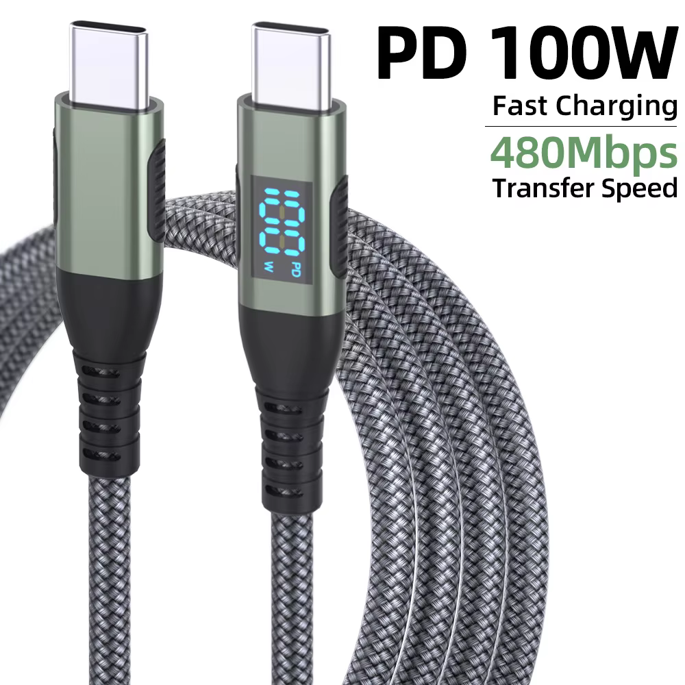 USB C Digital Display Super Fast Charge 60W 100W Quick Charger Cable for Notebook for Apple for Huawei Nylon Braid Shielding Com