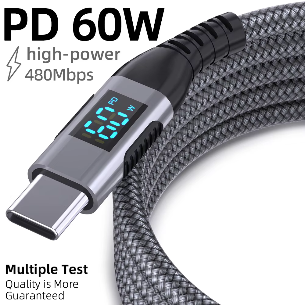 USB C Digital Display Super Fast Charge 60W 100W Quick Charger Cable for Notebook for Apple for Huawei Nylon Braid Shielding Com
