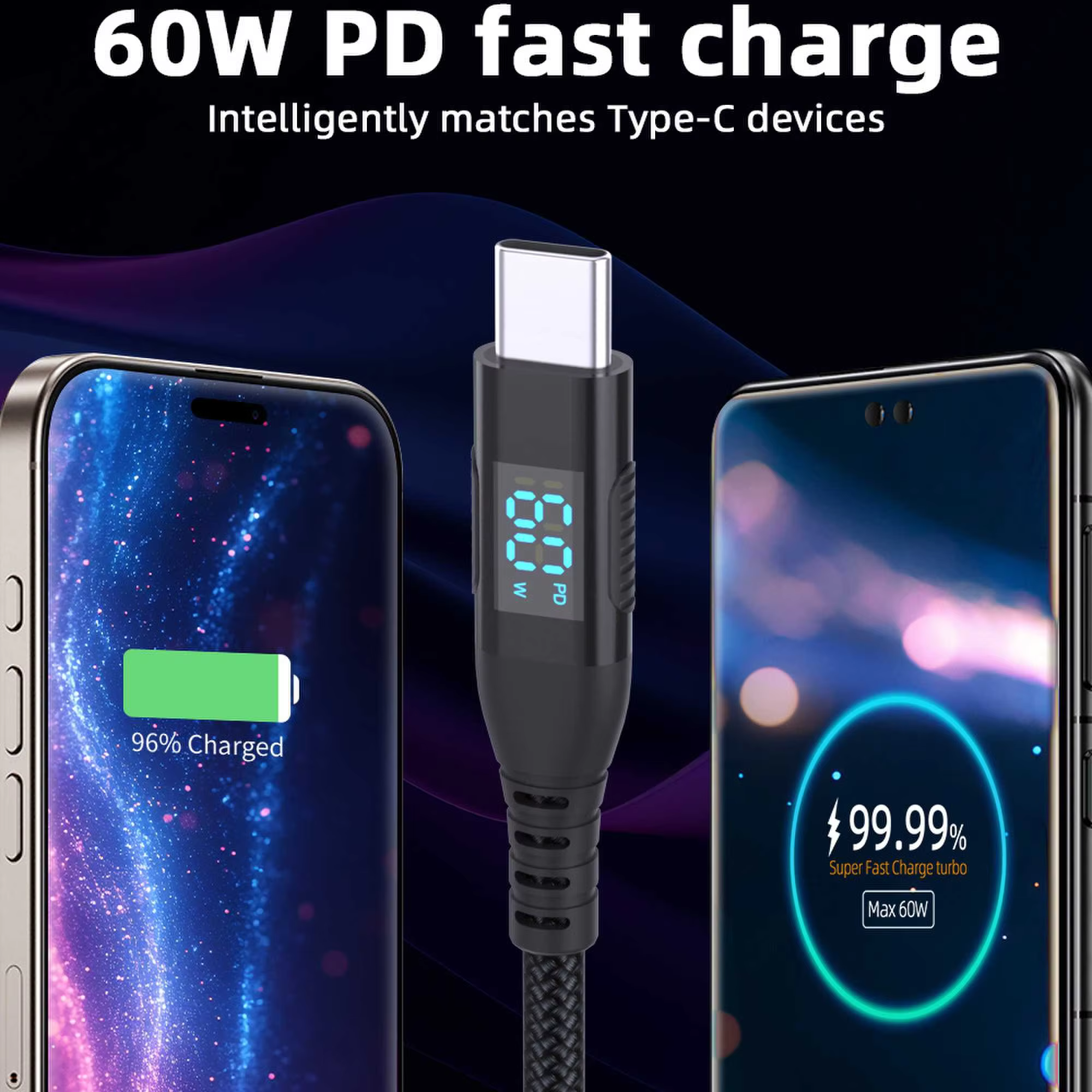 USB C Digital Display Quick Charger Cable Super Fast 100W/60W Charge Nylon Jacket for Notebook-Compatible with for Apple for Hua