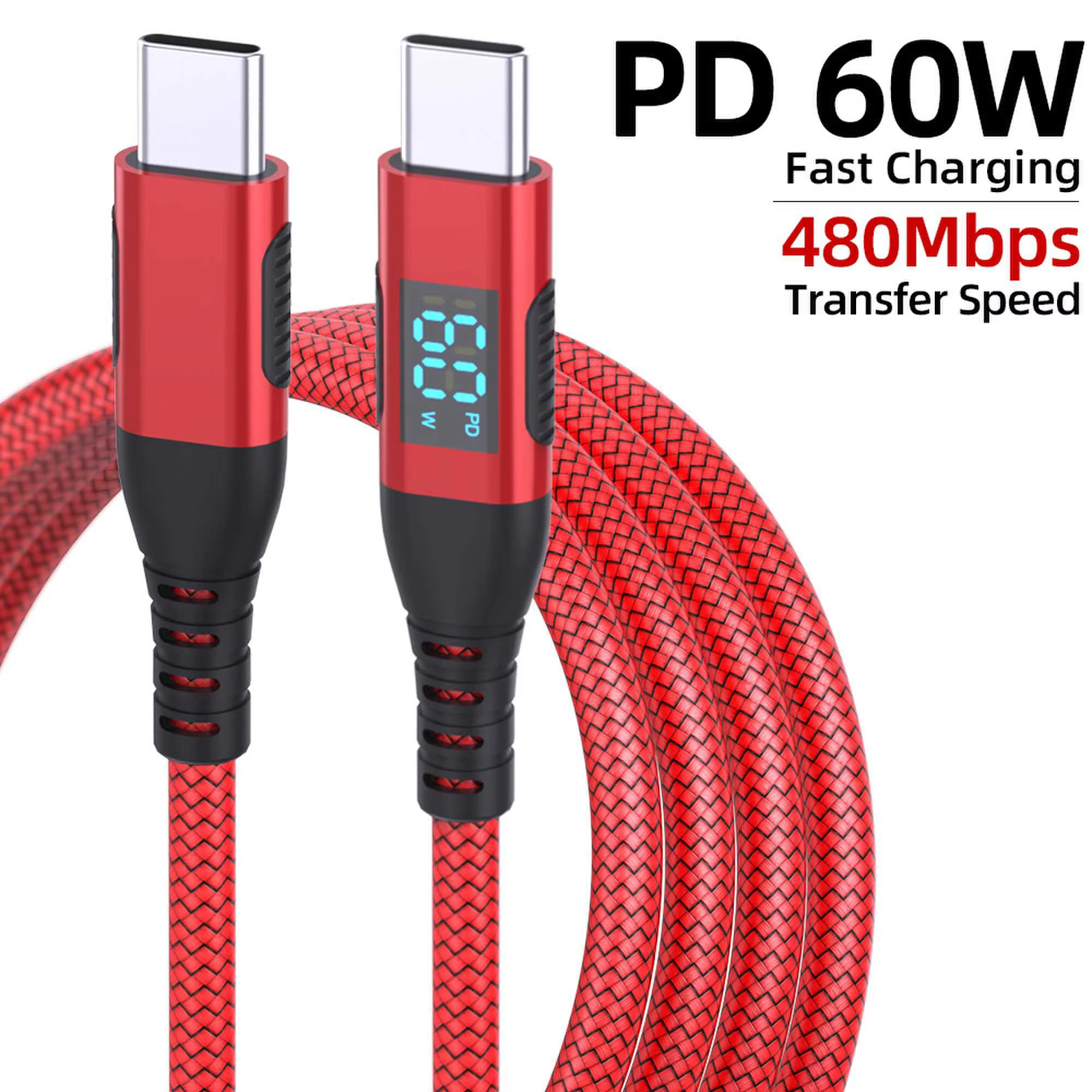 Colorful LED Display USB C Cable 60W 480Mbps Fast Charging Pure Copper Nylon Braided PVC Jacket Compatible iPhone 15/16 Pro