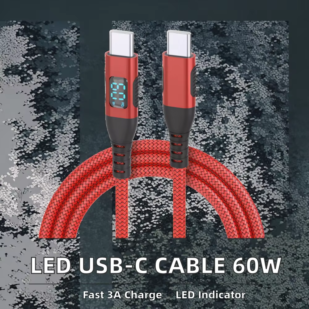 Colorful LED Display USB C Cable 60W 480Mbps Fast Charging Pure Copper Nylon Braided PVC Jacket Compatible iPhone 15/16 Pro
