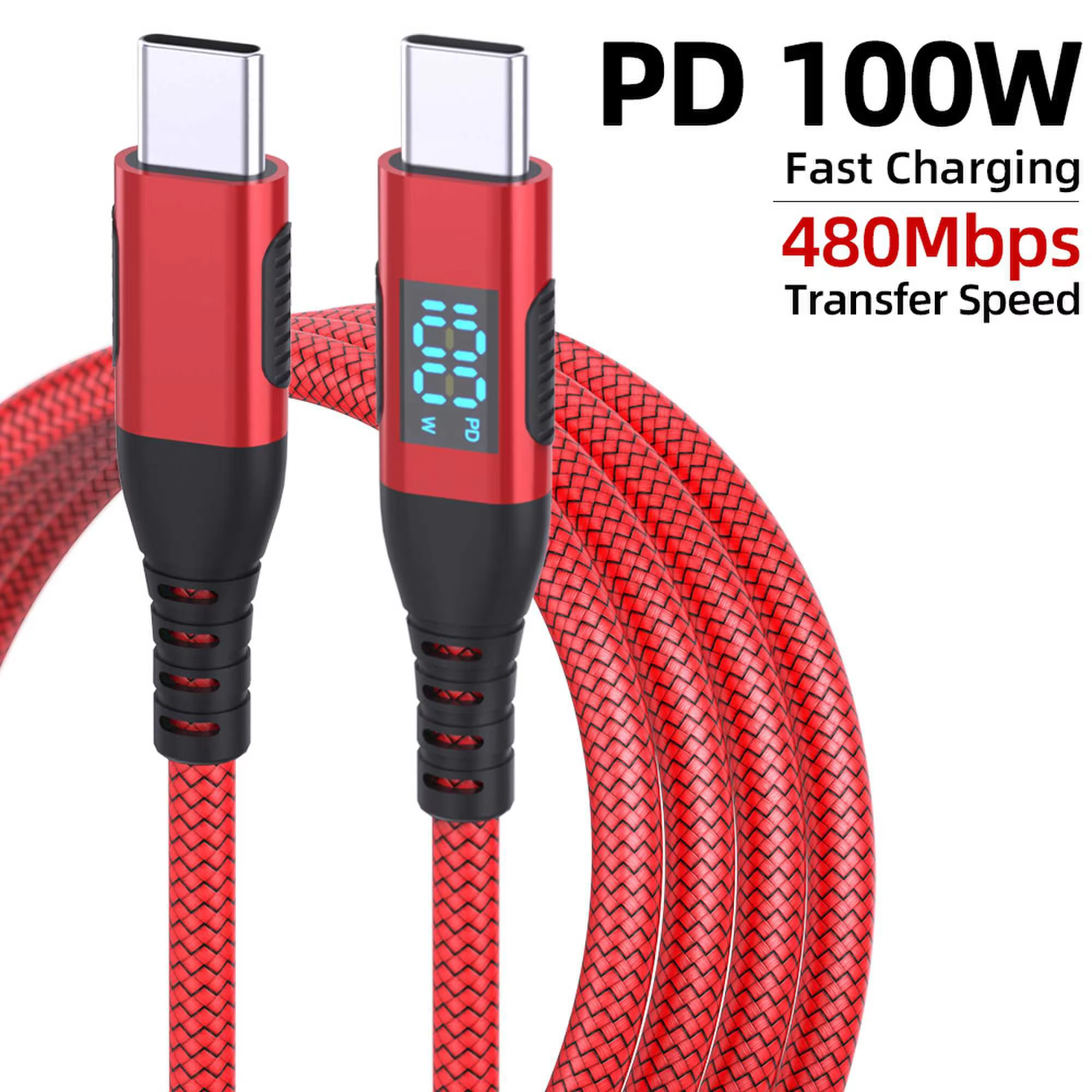Colorful LED Display USB C Cable 60W 480Mbps Fast Charging Pure Copper Nylon Braided PVC Jacket Compatible iPhone 15/16 Pro