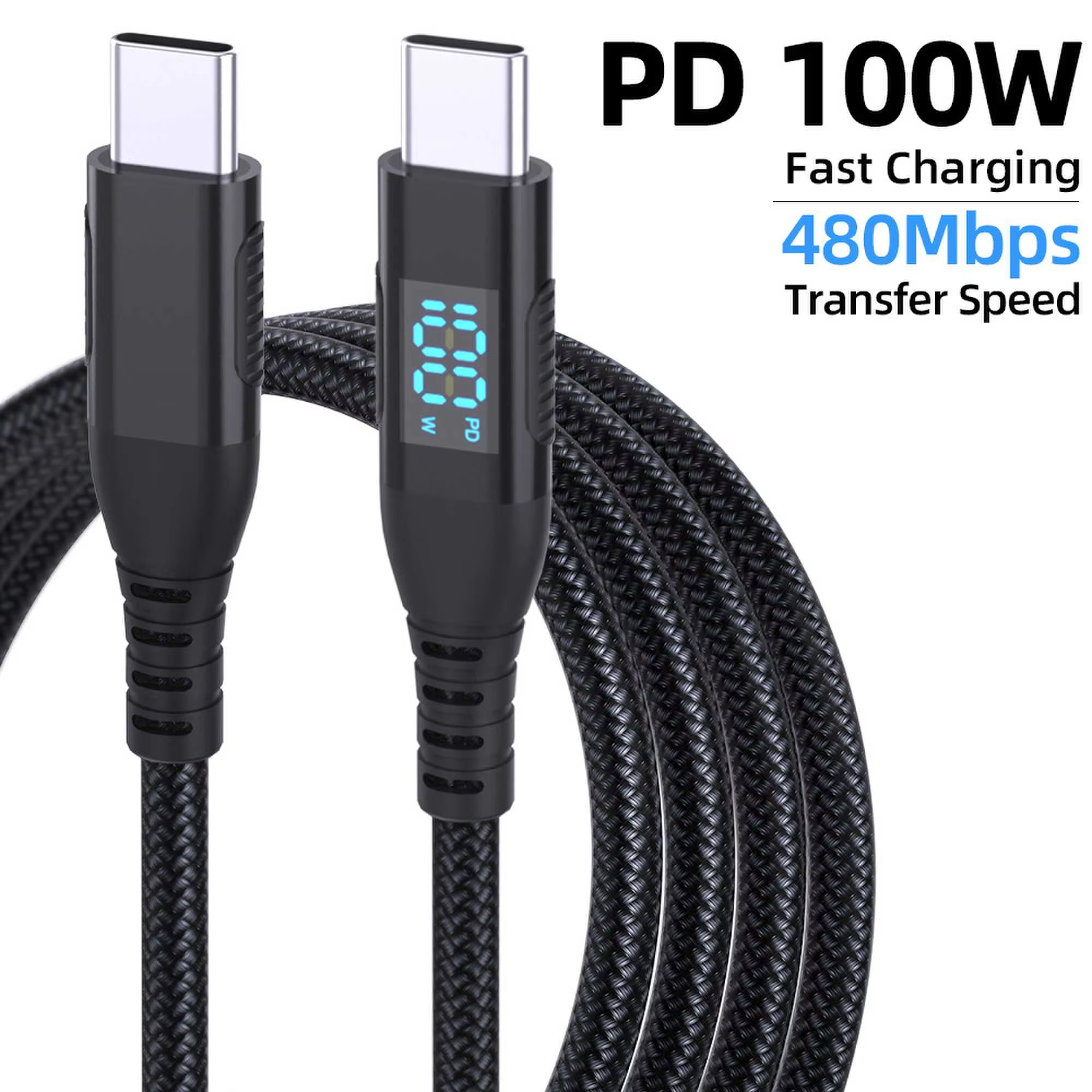 Colorful LED Display USB C Cable 60W 480Mbps Fast Charging Pure Copper Nylon Braided PVC Jacket Compatible iPhone 15/16 Pro