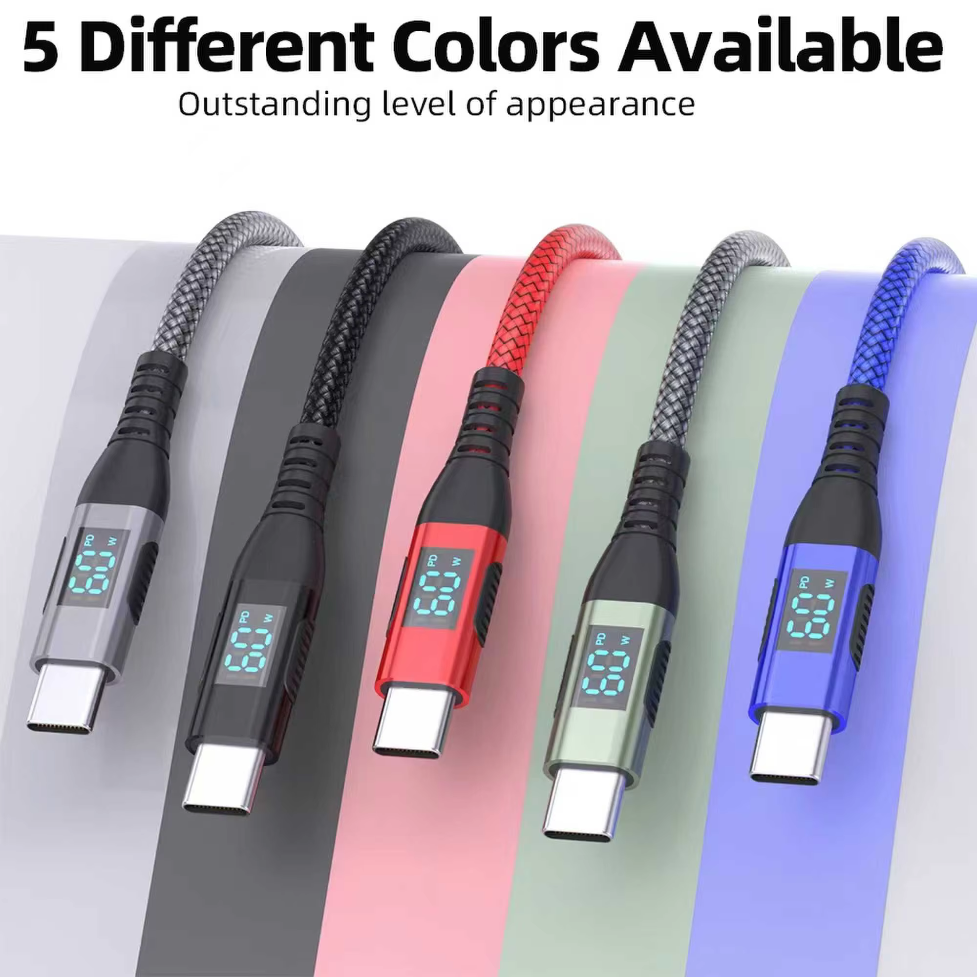 Colorful LED Display USB C Cable 60W 480Mbps Fast Charging Pure Copper Nylon Braided PVC Jacket Compatible iPhone 15/16 Pro