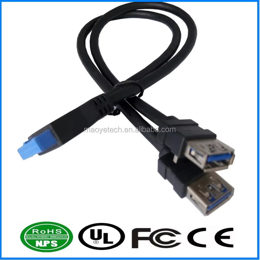 USB 3.0 19-Pin Cable with USB 3.0-A Connectors Braided Shielding PVC Jacket 3A Fast Charging for Computer