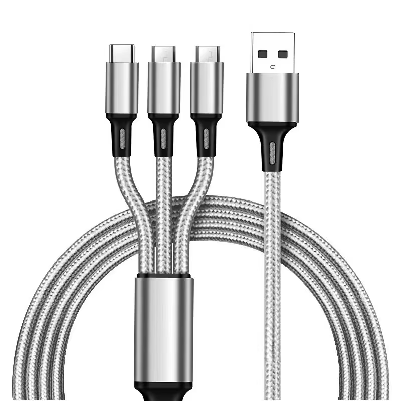 Three-in-One Type-C Nylon Braid Telescopic Fast Charge Cable Micro-USB for Computer Android Phone Camera Charging