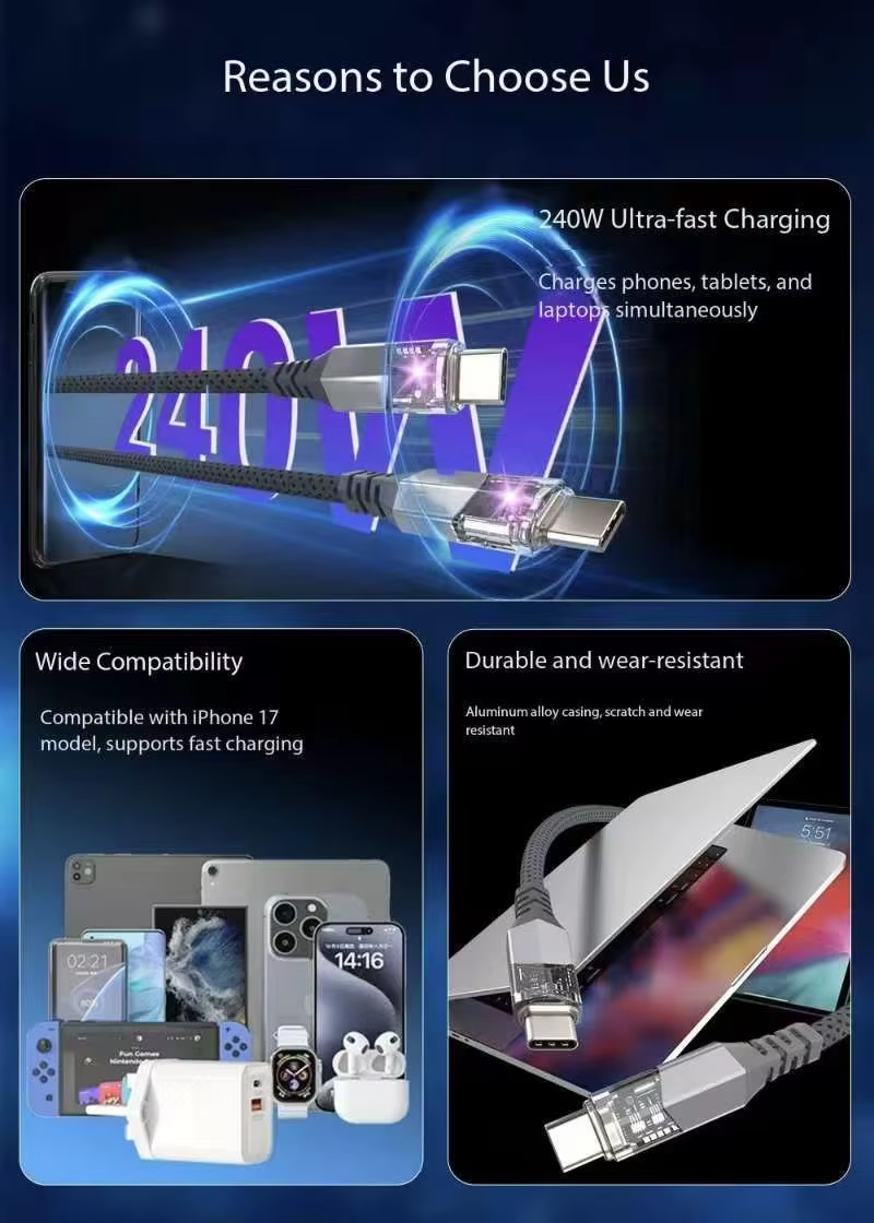 PD 240W 5A Fast Charging USB-C to USB-C Cable LED Light Braid Shielding Aluminum Alloy for iPhone 16/Pro/Plus/Pro Max MacBook