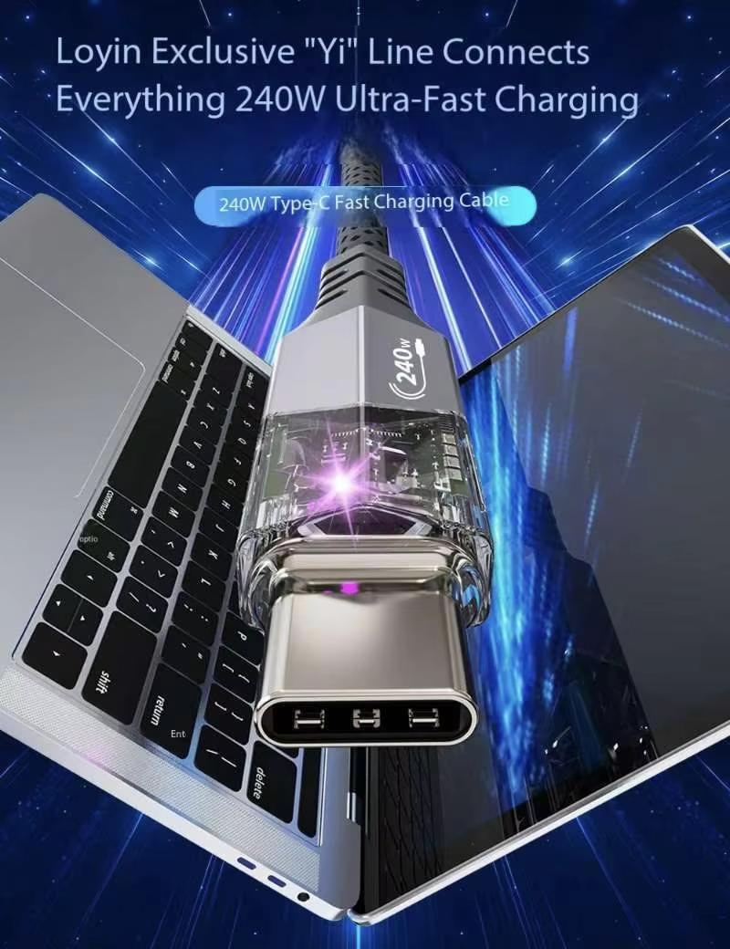 PD 240W 5A Fast Charging USB-C to USB-C Cable LED Light Braid Shielding Aluminum Alloy for iPhone 16/Pro/Plus/Pro Max MacBook