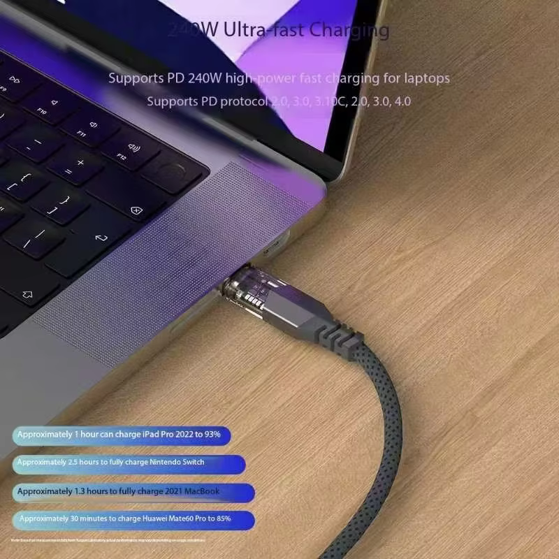 PD 240W 5A Fast Charging USB-C to USB-C Cable LED Light Braid Shielding Aluminum Alloy for iPhone 16/Pro/Plus/Pro Max MacBook