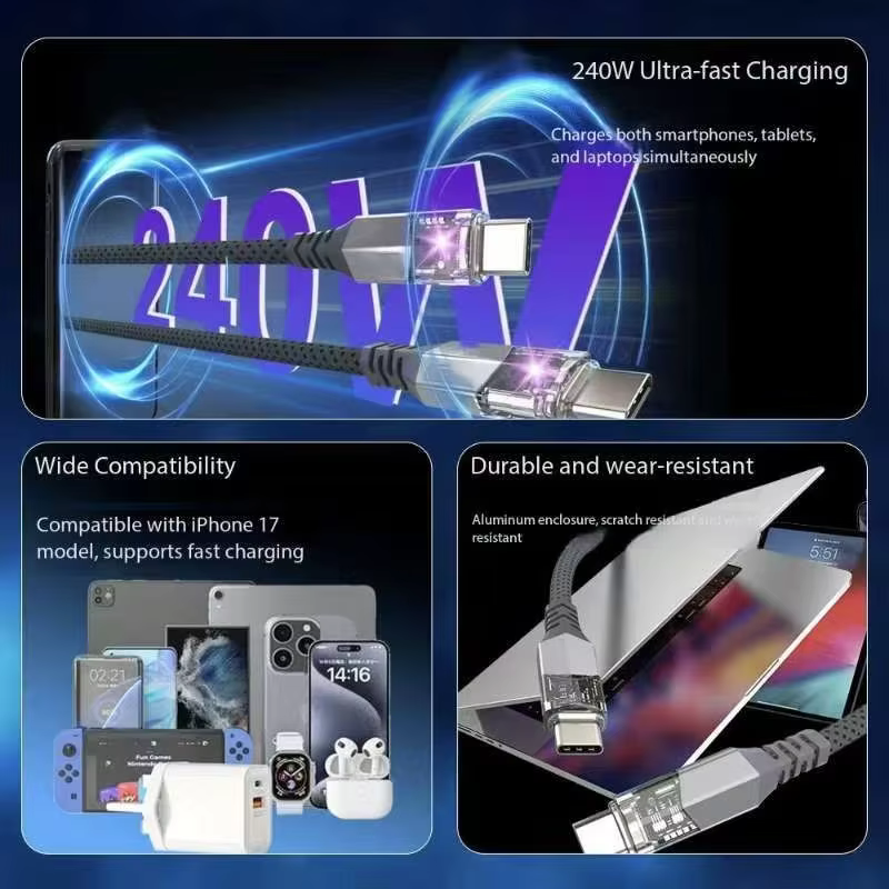 PD 240W 5A Fast Charging USB-C to USB-C Cable LED Light Braid Shielding Aluminum Alloy for iPhone 16/Pro/Plus/Pro Max MacBook