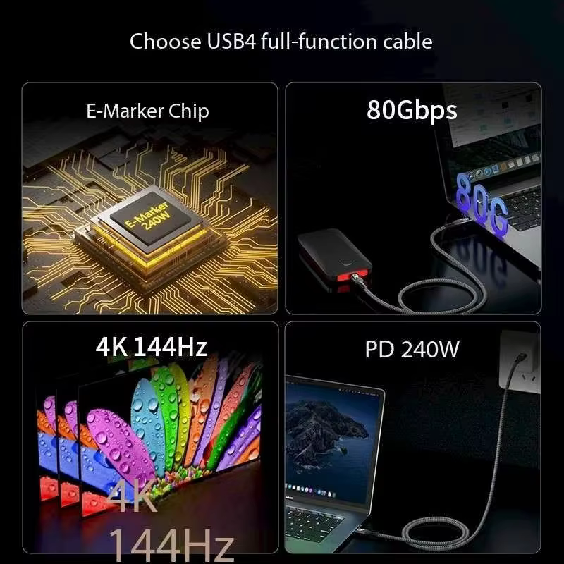 USB 3.1 Thunderbolt Cable Nylon MacBook Pro/Air iPad Pro 80Gbps 240W PD Fast Charging 16K/8K Video Compatibility Dell Printer