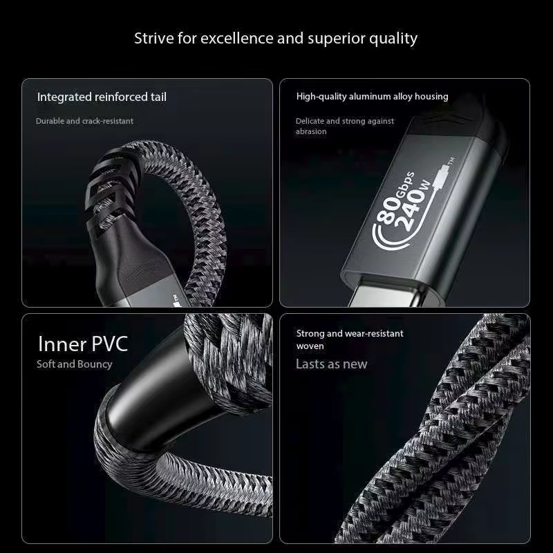 USB 3.1 Thunderbolt Cable Nylon MacBook Pro/Air iPad Pro 80Gbps 240W PD Fast Charging 16K/8K Video Compatibility Dell Printer