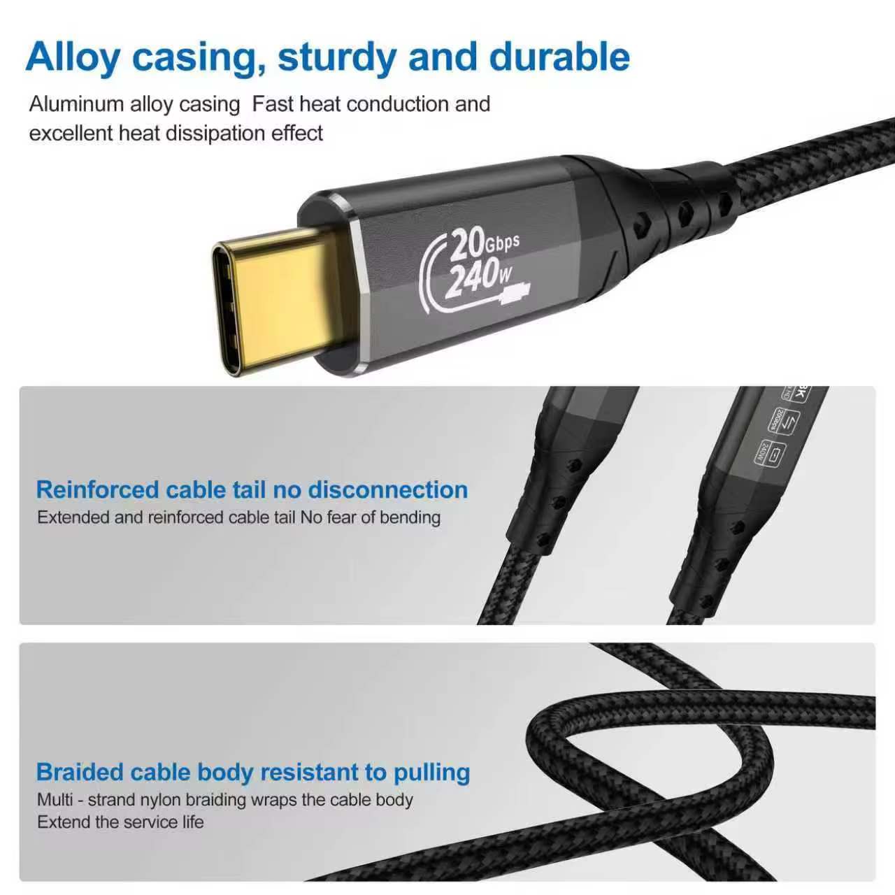 20Gbps USB-C Gen2*2 Braid Shielding 100W/240W Fast Charging Pure Copper Conductor Nylon Jacket Cable for Mobile Phones Cameras