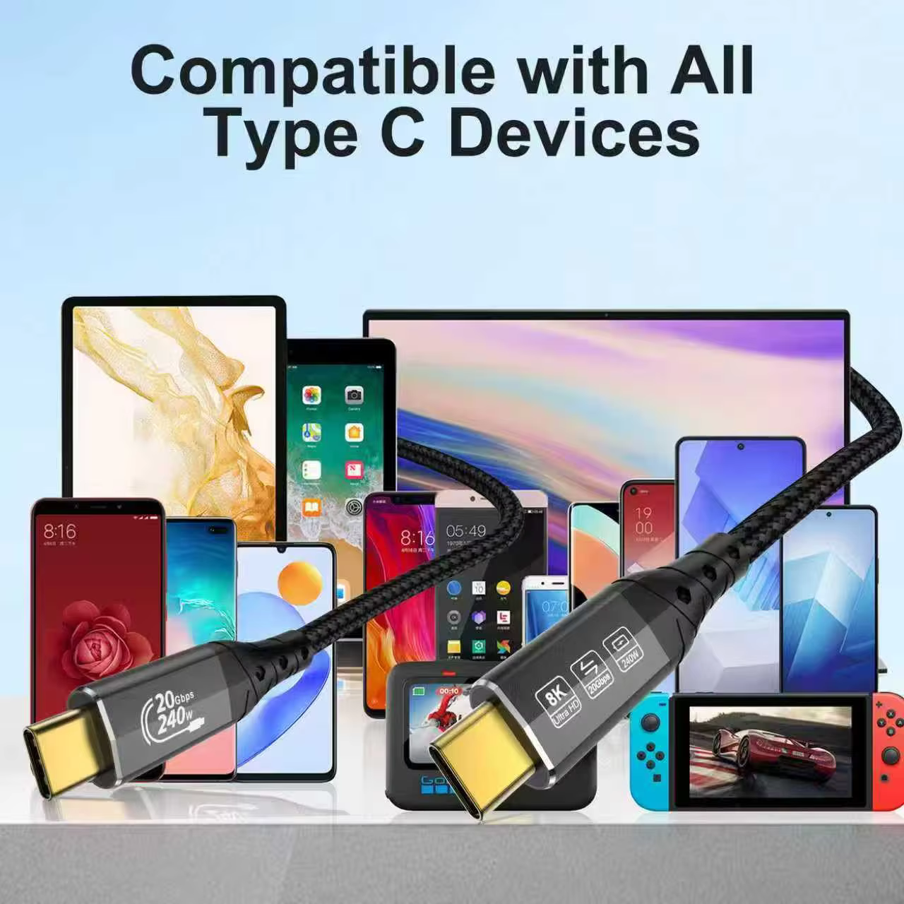 20Gbps USB-C Gen2*2 Braid Shielding 100W/240W Fast Charging Pure Copper Conductor Nylon Jacket Cable for Mobile Phones Cameras