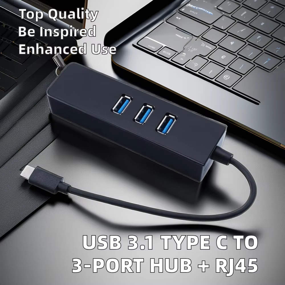 High-Speed USB 3.1 Type C 3-Port USB 3.0 Hub RJ45 Adapter Cable Gigabit Network Transmission Ethernet for Mobile Computer Camera