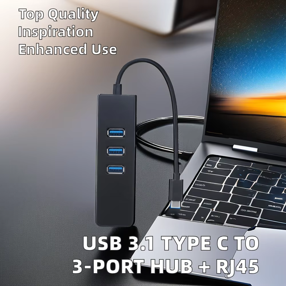 High-Speed USB 3.1 Type C 3-Port USB 3.0 Hub RJ45 Adapter Cable Gigabit Network Transmission Ethernet for Mobile Computer Camera